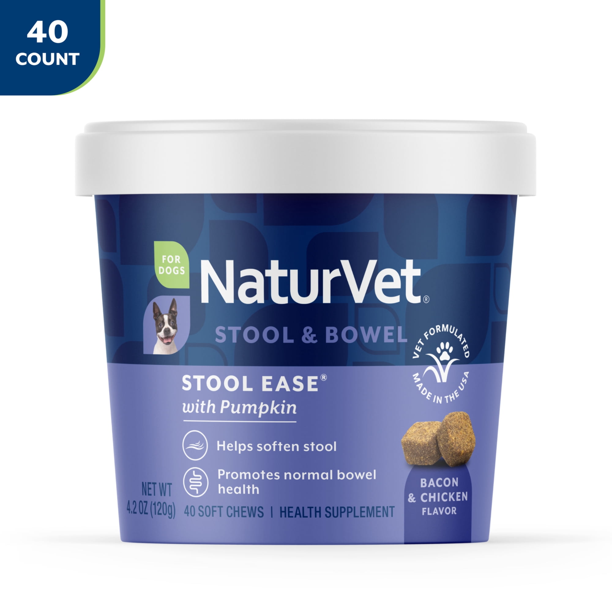 NaturVet Stool Ease Stool & Bowel Supplement for Dogs, Bacon and Chicken Flavor, 40 Count