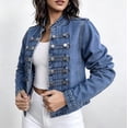 thumbnail image 6 of FDGIU Women Stand Collar Denim Jacket Long Sleeve Decorative Button Cropped Casual Jean Outerwear, 6 of 7