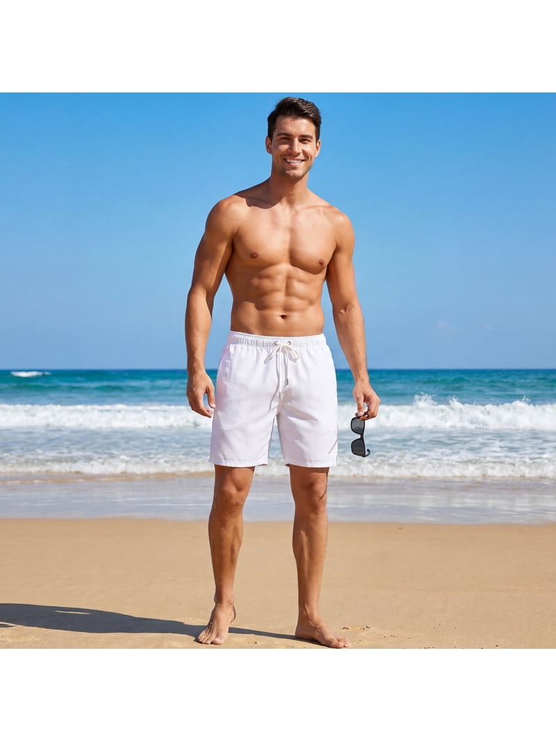 RELLECIGA Men's White Swim Trunks Quick Dry Board Shorts with