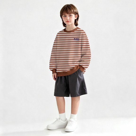 Kids Striped Sweatshirt Long Sleeve Stretch Crewneck Pullovers for Boys (Red)