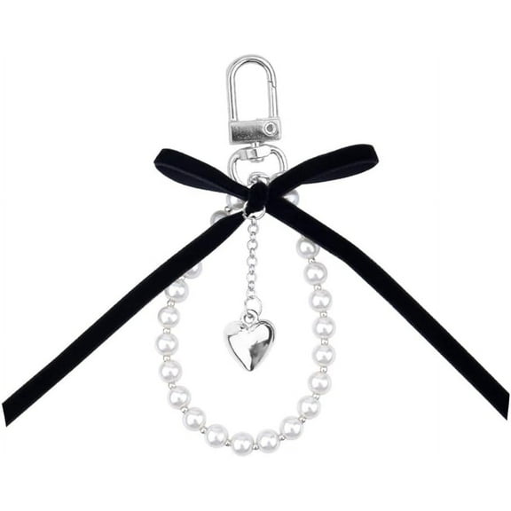 Black Bow With Pearls Keychain Y2k For Women Girls Bow Keychain Wristlet For Purse Backpack Goth Keychain With Heart Charm