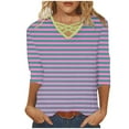 thumbnail image 2 of Gaecuw Womens 3/4 Sleeve T Shirts V Neck Summer Striped Criss Cross Blouse Loose T Shirts Pullover Tees Three Quarter Shirts Trendy Tops Dressy Vacation Plus Size Purple M, 2 of 5