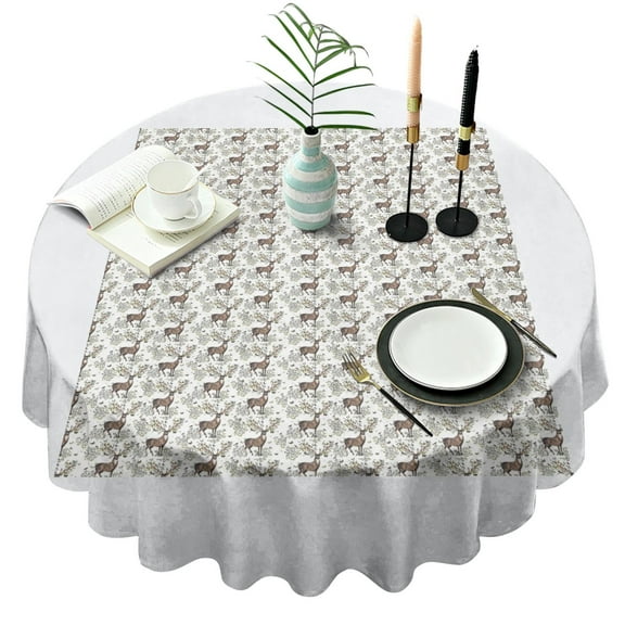 Brown Christmas Deer Pattern Round Tablecloth 60"x60",Wrinkle Wipeable Table Cloth for Kitchen Dining Room Picnic Patio Party