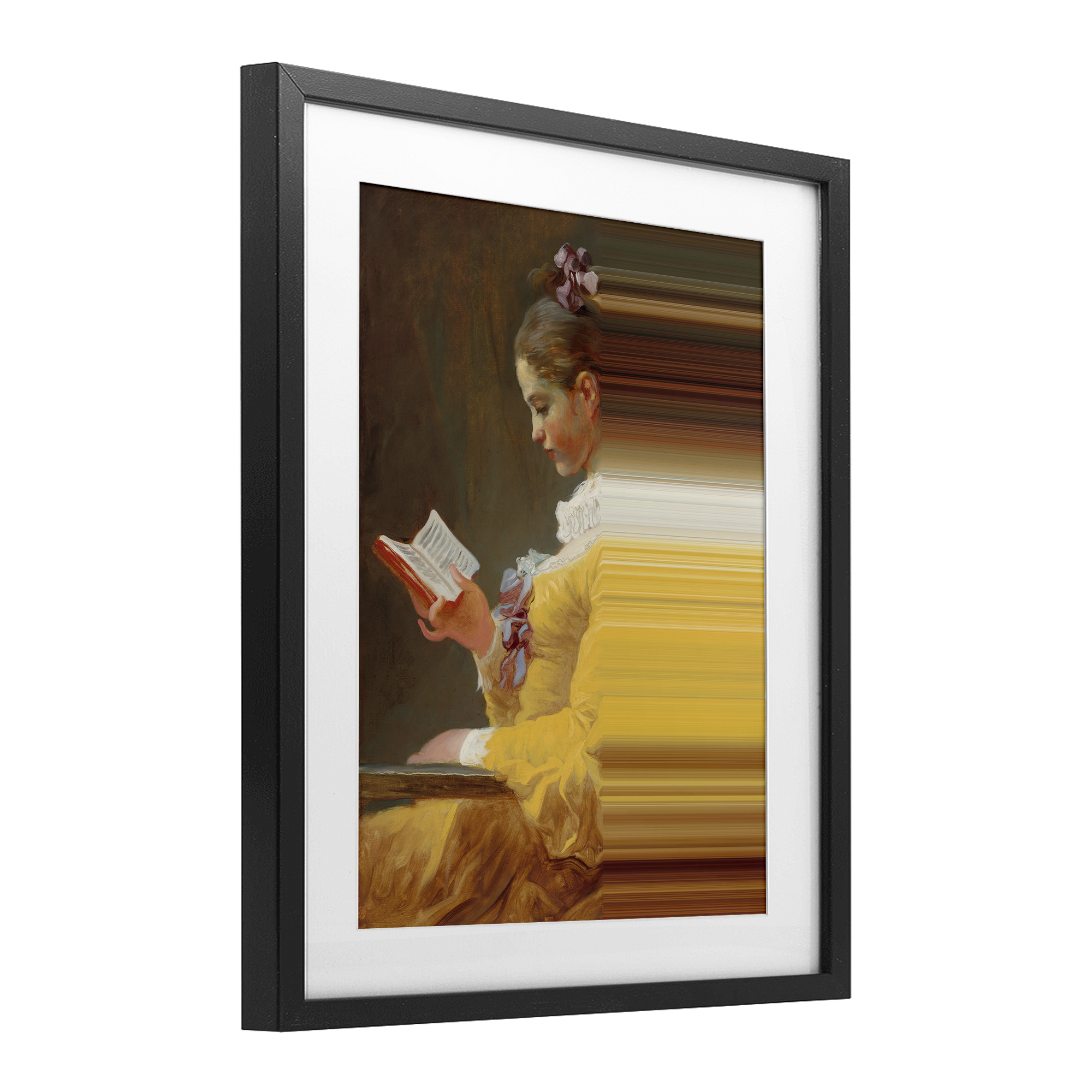 Vintage Lady Reading with Gradient Streaks Black Framed Print Under Glass, design by Seven Trees Design