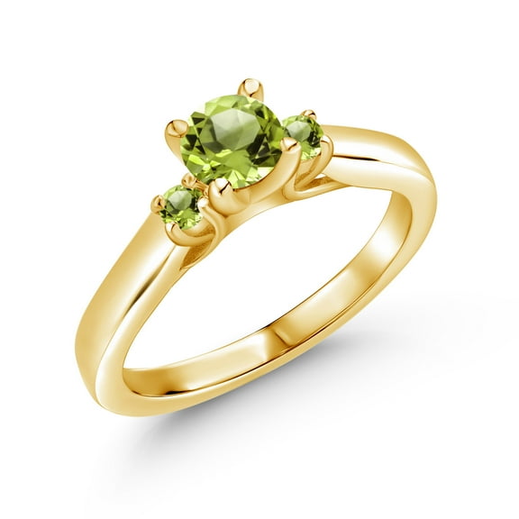 Gem Stone King 18K Yellow Gold Plated Silver Green Peridot 3-Stone Engagement Ring for Women (0.69 Cttw, Gemstone August Birthstone, Size 6)