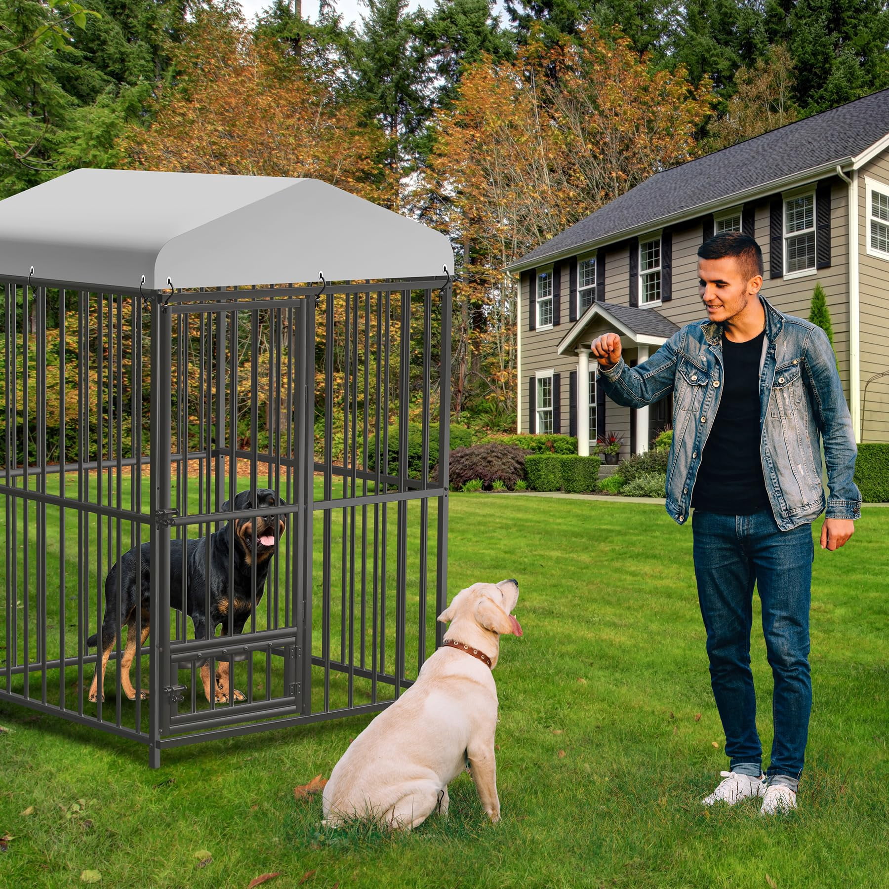 Large Dog Kennel Outdoor, Heavy Duty Outside Dog Kennel Pet Pens Dogs Run Enclosure with Anti-UV Waterproof Cover, Lockable Door for Medium to Small Dog