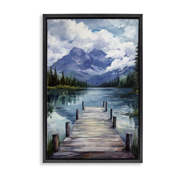Stupell Industries Farmhouse Weathered Dock on Mountain Lake Black Floating Frame Canvas Art, 17 x 25, by Petals Prints Design