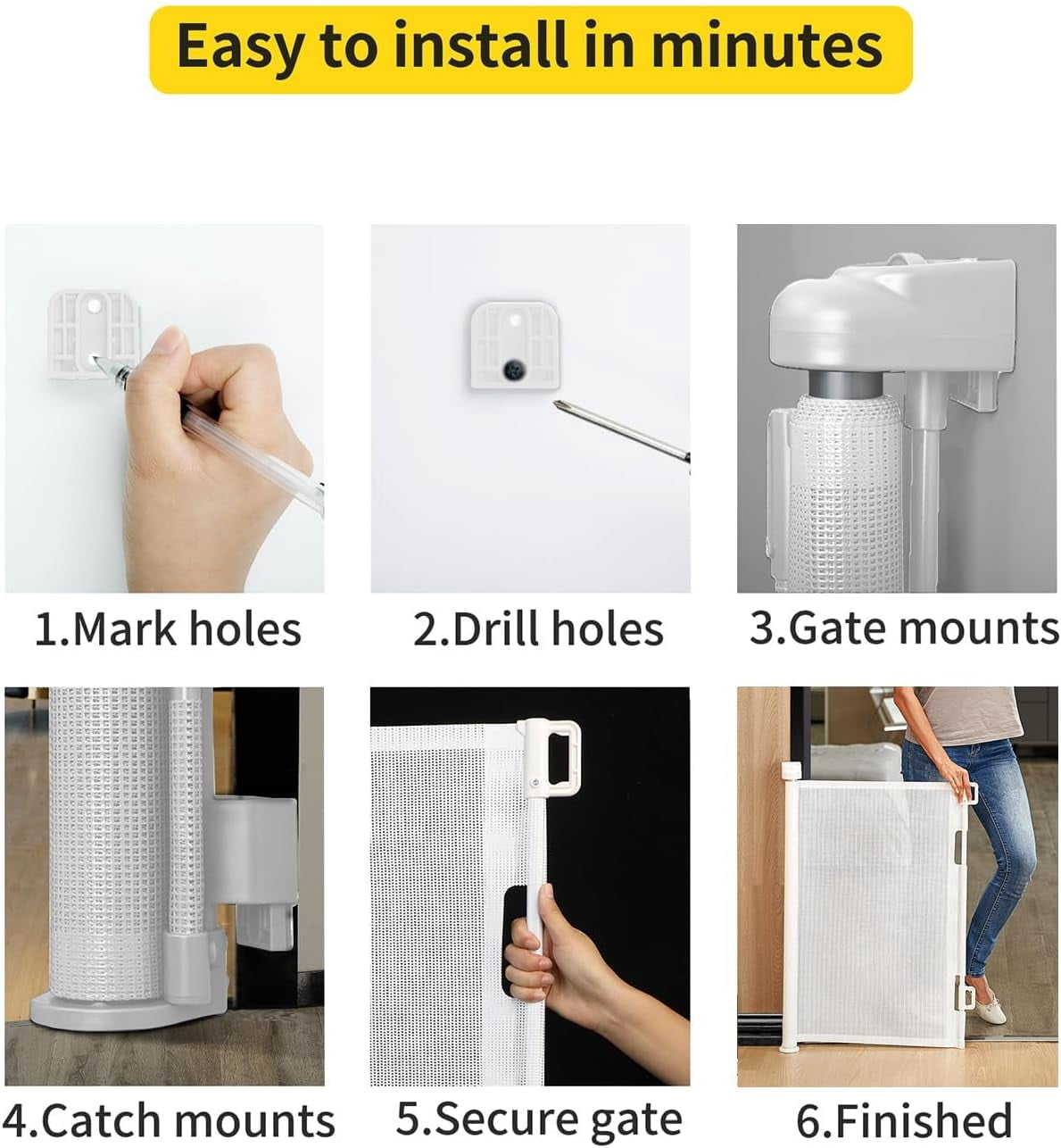 Retractable baby safety gate – width adjustable up to 55 inches – child and pet safety barrier – easy installation, safety latch, grey mesh fabric, suitable for both indoor and outdoor use.