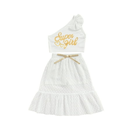 

aturustex Summer Toddler Baby Girl Outfit Sleeveless One Shoulder Letter Print Crop Top + Polka Dot Tulle Skirt 2Pcs (2-7T)
