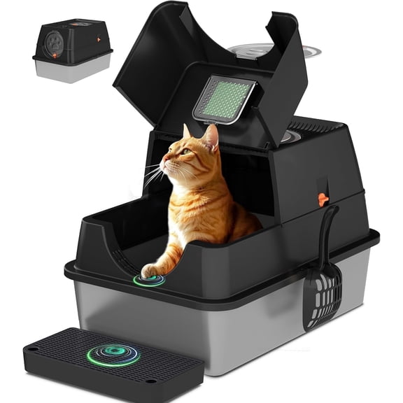 Stainless Steel Litter Box with Lid,Front Entry Top Exit Kitty LitterBox,Extra Large Enclosed Metal Cat Box with Litter Scoop & Litter Mat-Black