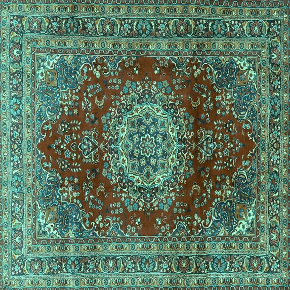 Ahgly Company Machine Washable Indoor Square Medallion Turquoise Blue Traditional Area Rugs, 8' Square