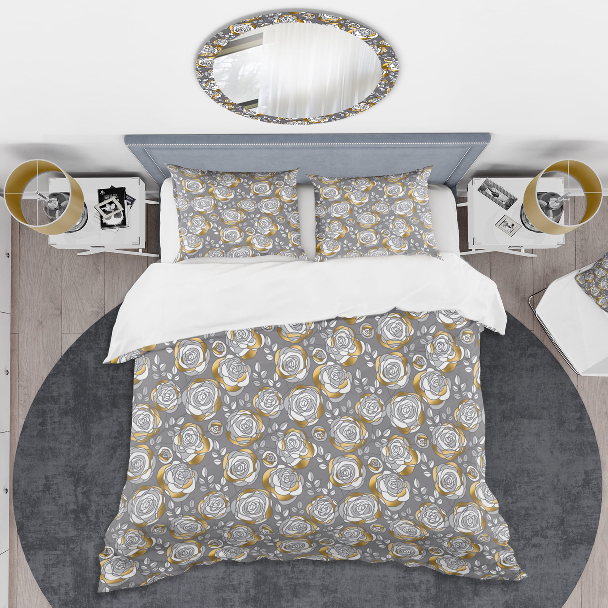 Designart 'Golden Rose Flowers ' Mid-Century Modern Duvet Cover Set