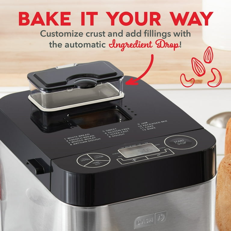 Dash Everyday Stainless Steel Bread Maker up to 1.5lb Loaf, Programmable,  12 Settings + Gluten Free & Automatic Filling Dispenser 
