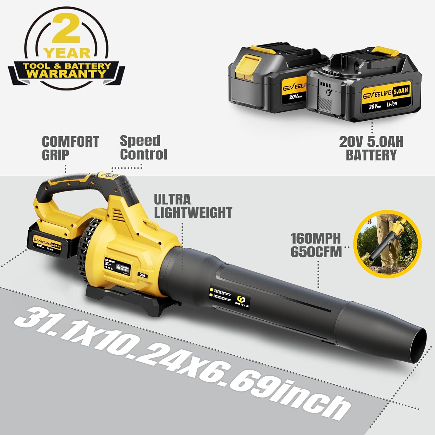 GEVEELIFE Cordless Leaf Blower, 650 CFM, 3 Speed, 20V photo 8