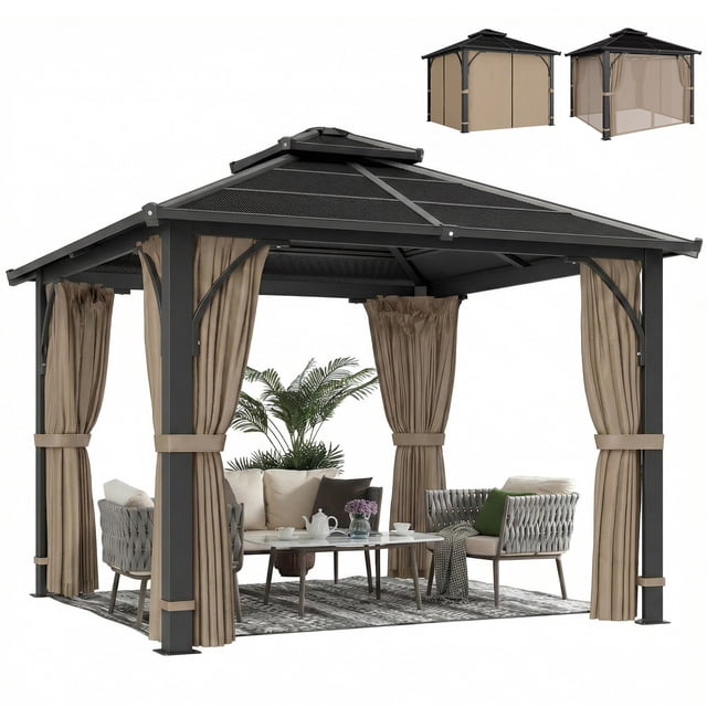 Outsunny Pavillon à Toit Rigide en Polycarbonate 10 Pieds x 10 Pieds avec Rideaux, Kaki