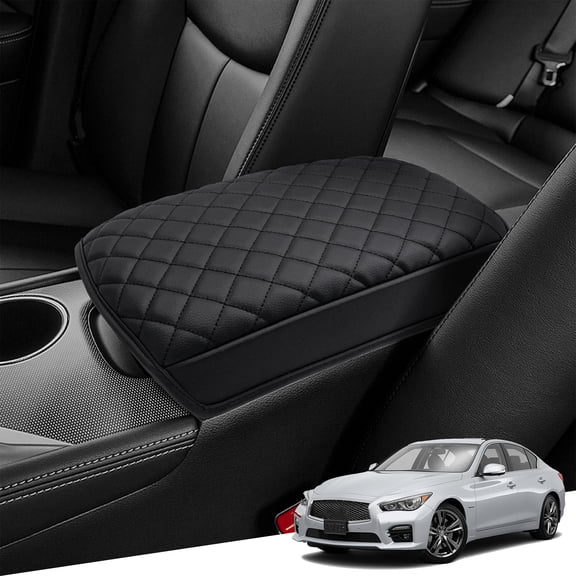 KBH Center Console Armrest Cover for Infiniti Q50 2014-2024, Black Leather Middle Console Lid Cover Cushion Pad for Car Accessories Interior