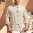 thumbnail image 2 of ROHUUQUE Men's Cotton Linen Shirts Stand Collar Long Sleeve Solid Frog Button Pocket Loose Casual Tops Daily Outdoor, 2 of 9