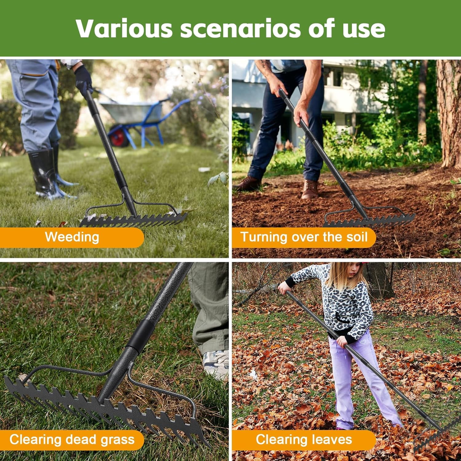 LCOKEIY 77" Adjustable Garden Rake for Leaves with 17 Tines, Heavy Duty Metal Thatch Rake for Lawn Yard Loosening soil