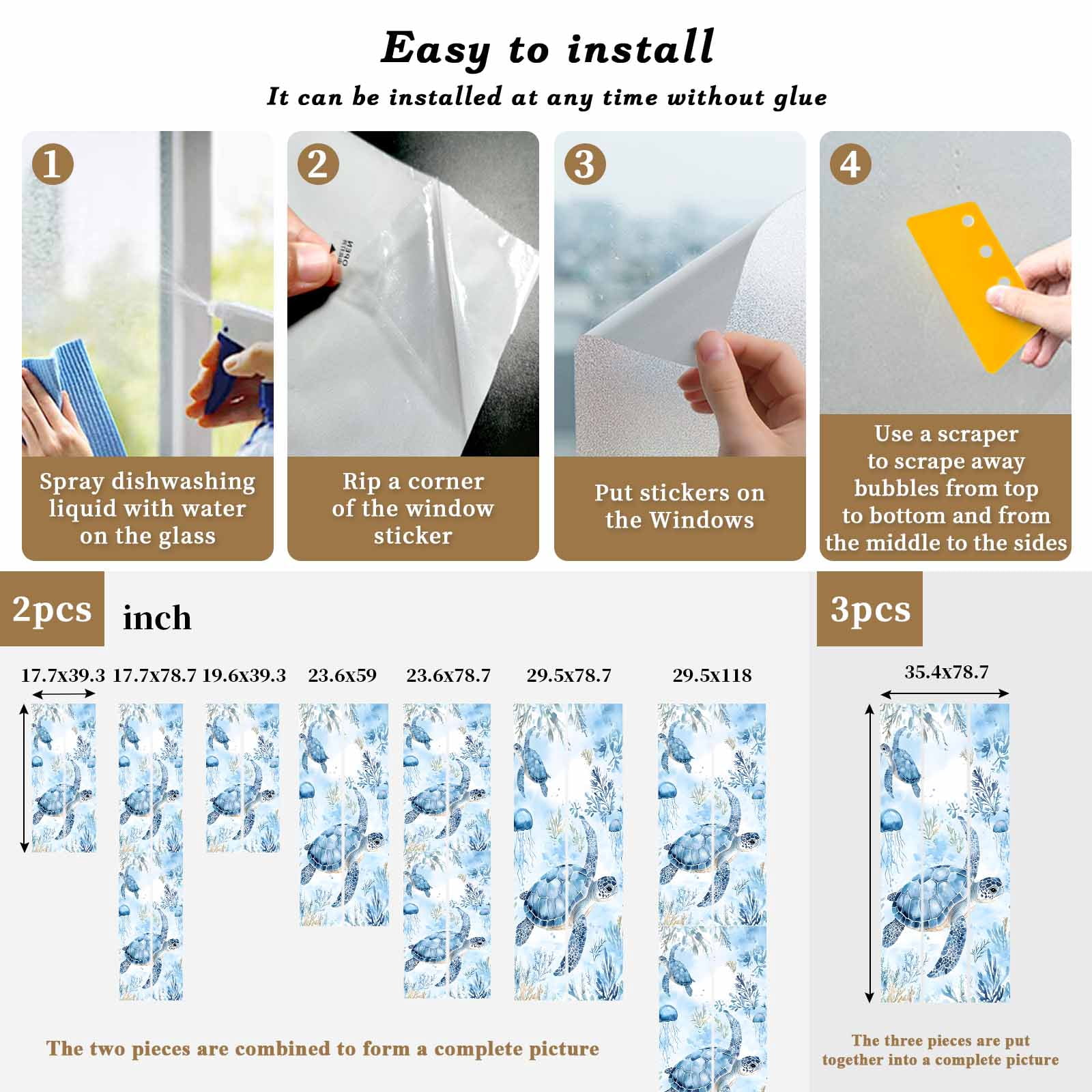 Blue Turtle Coastal Window Privacy Film, Coral Beach Nautical Ocean Static Cling UV Sun Blocking Heat Control Window Tint Day and Night, Non-Adhesive One Way Windows Privacy Cover 23.6''x59''