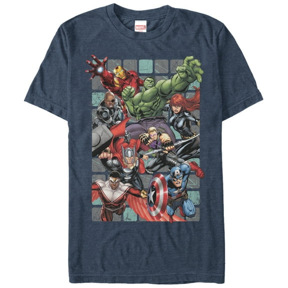 Men's Marvel Avengers Collage Square Graphic Tee Navy Blue Heather Small