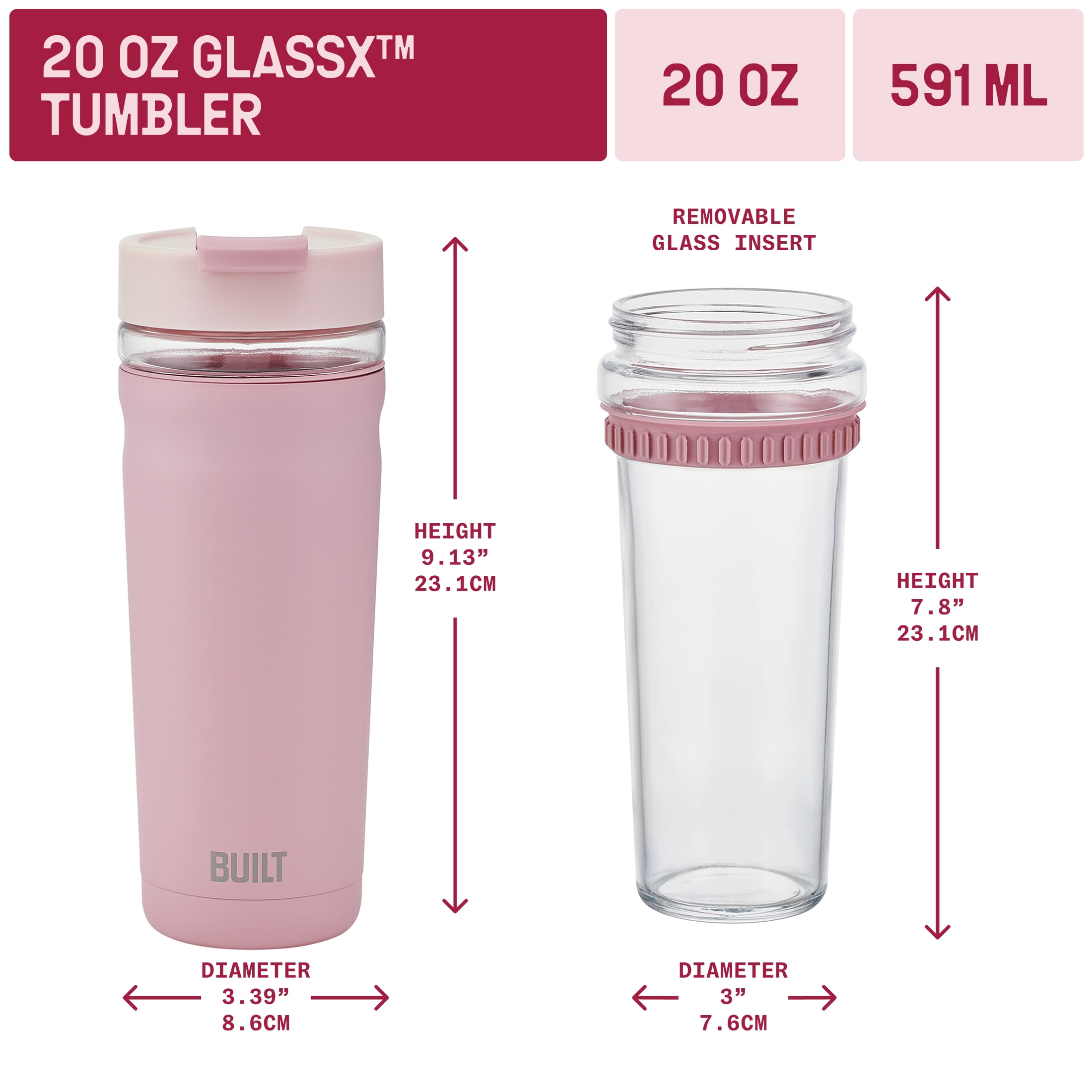 Built 20 oz Dusty Rose Insulated Stainless Steel Tumbler with Glass Interior