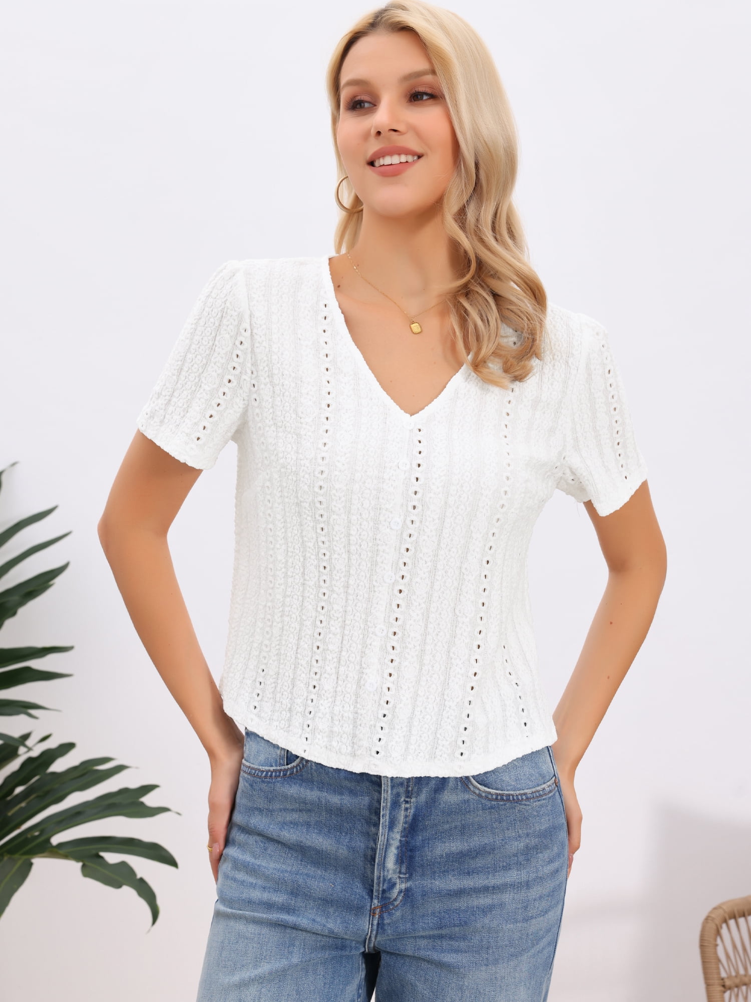 DARING DIVA Women's Cute V Neck Tops Eyelet Texture Short Sleeve Button Blouse XS White