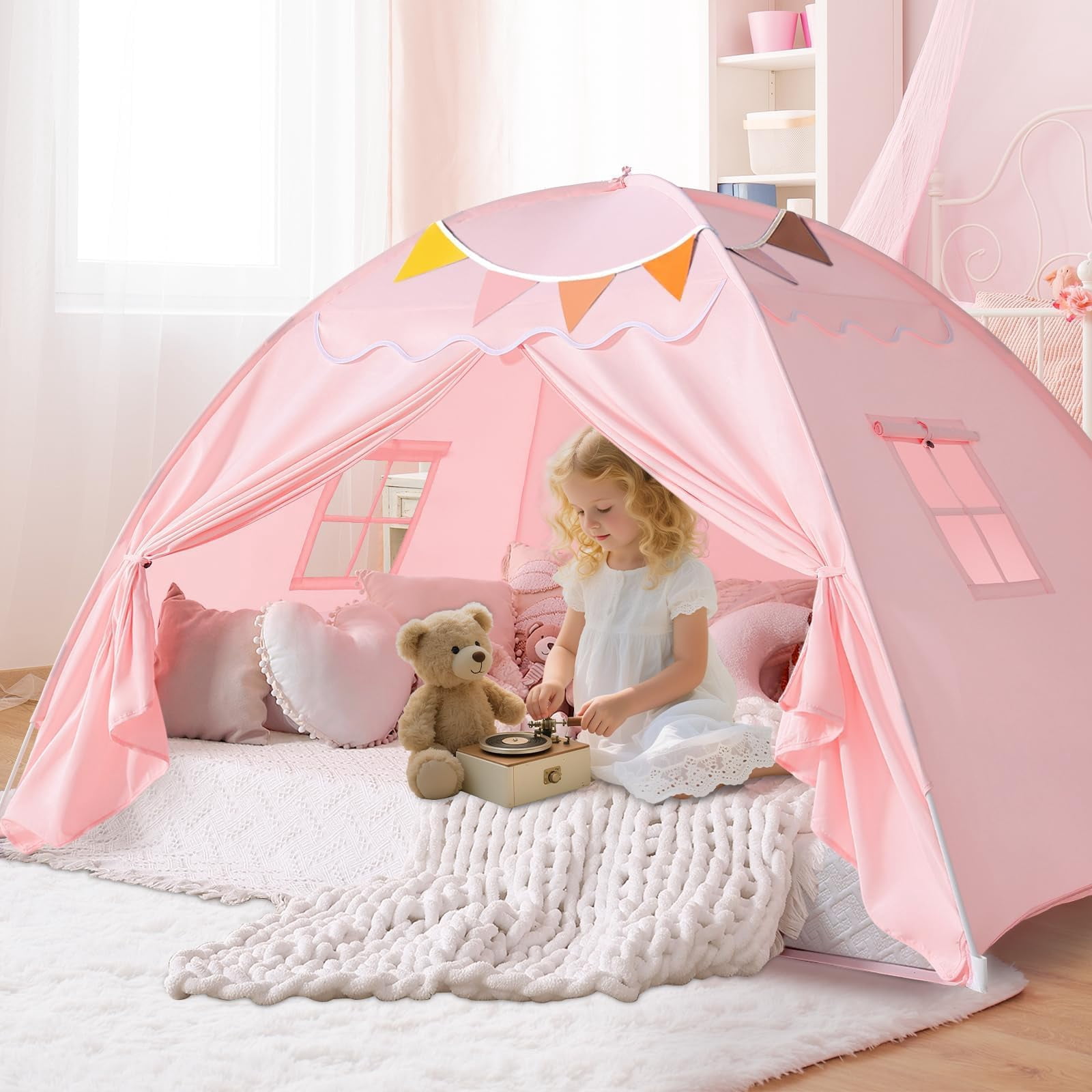 Bed Tent Canopy: Lights & Flags Indoor Play -bed Teepee Tents - Girls&boys Playhouse Space Sleeping Gifts (twin Pink)