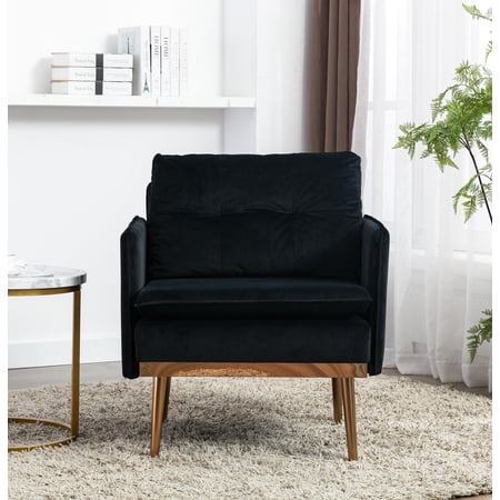 Modern Velvet Fabric Accent Chair Single Sofa with Velvet Cushion Comfy Upholstered Arm Chair Living Room Furniture with Golden Metal Legs for Bedroom Office(Black)