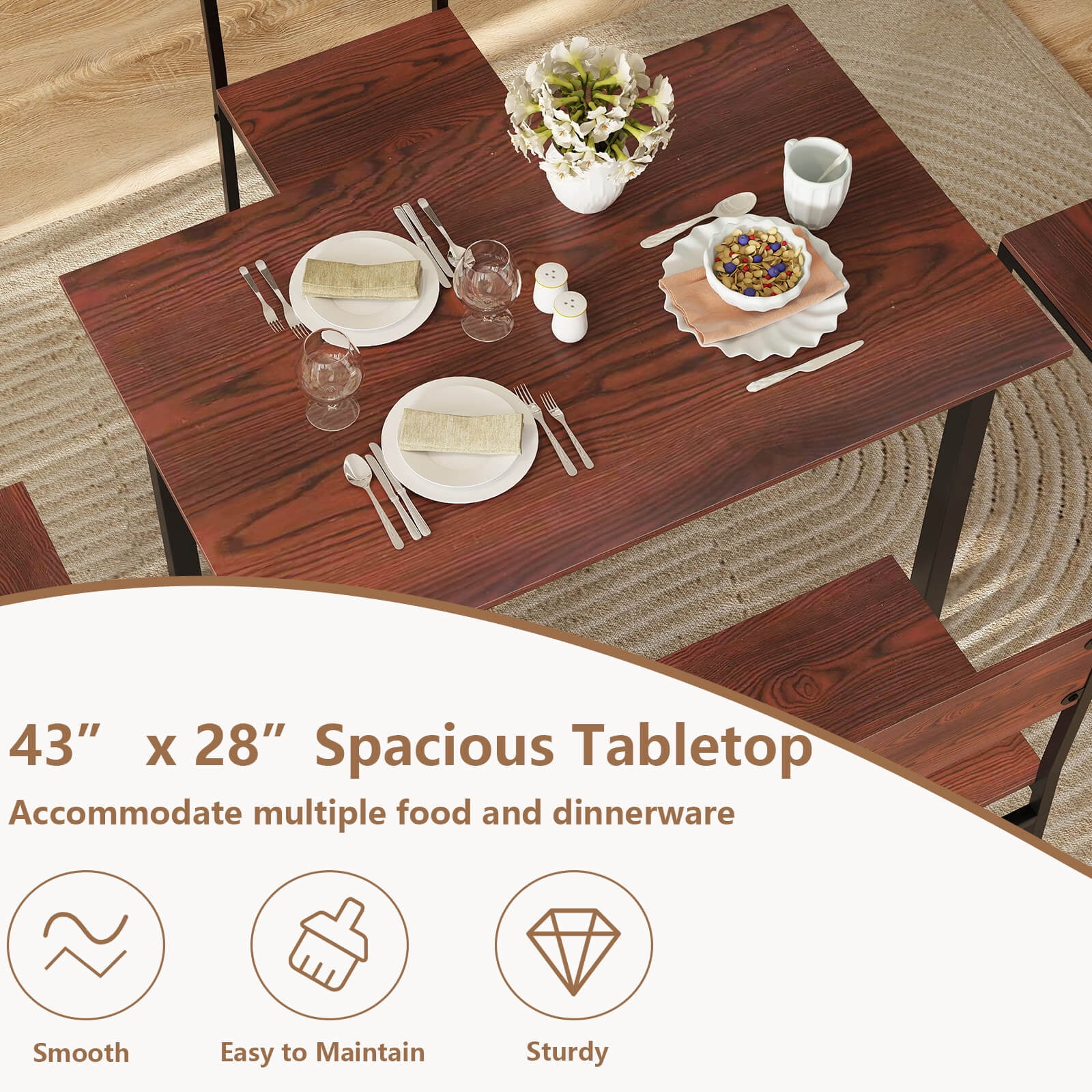 Costway 5 PCS Dining Table Set Industrial Style Kitchen Table & Chairs for 4 Dark Brown