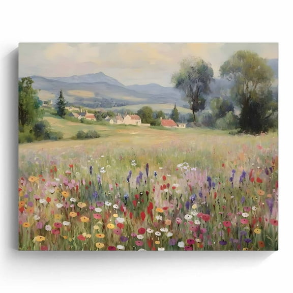 P&L Art Framed Canvas Wall Art - 12"x16" Rural Wildflower Field Landscape (Cottages & Mountains) - Bedroom Hallway Decor