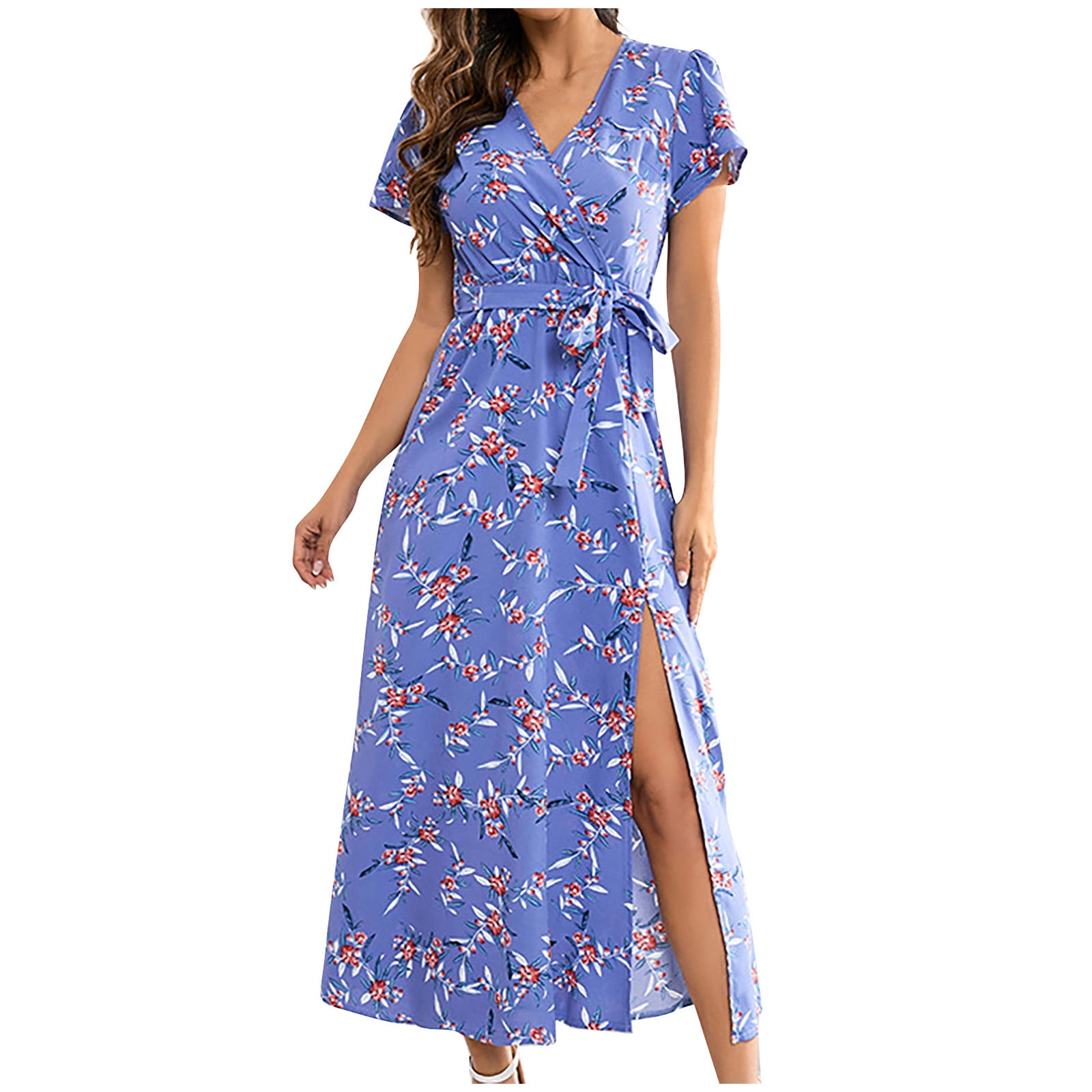 Robe à Manches Longues Femmes Été Plage Bohème Col en V Sexy