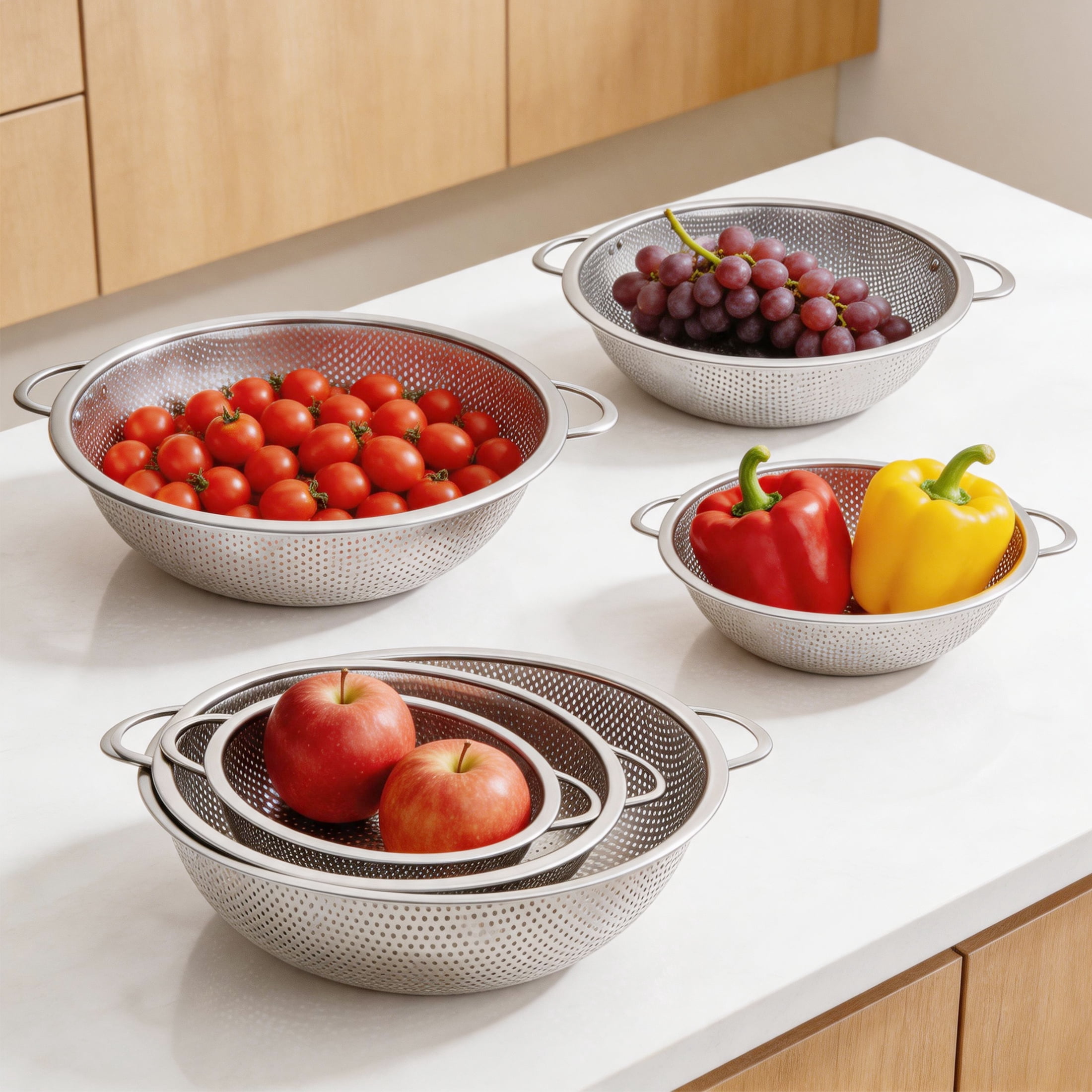 GARITIN Colander Set 3 Pack, Stainless Steel Strainer Bowl, Micro Perforated Strainer Bowl, Kitchen Food Drainer for Pasta Fruit Vegetable Draining