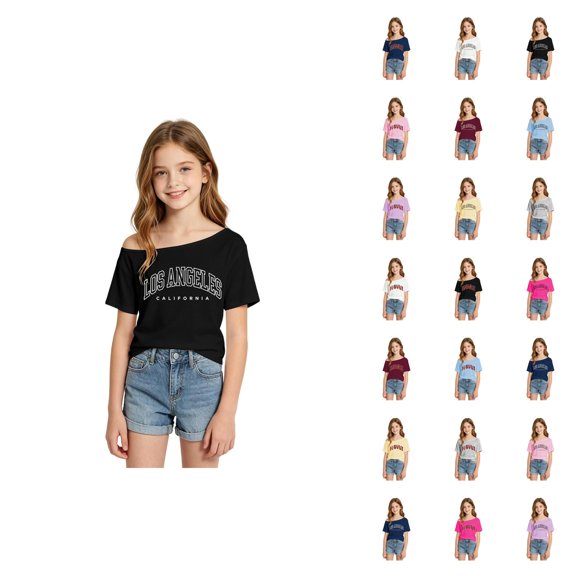 Girl's Off The Shoulder Shirt Top Los Angeles Graphic T-Shirt Short Sleeve T shirts Tee