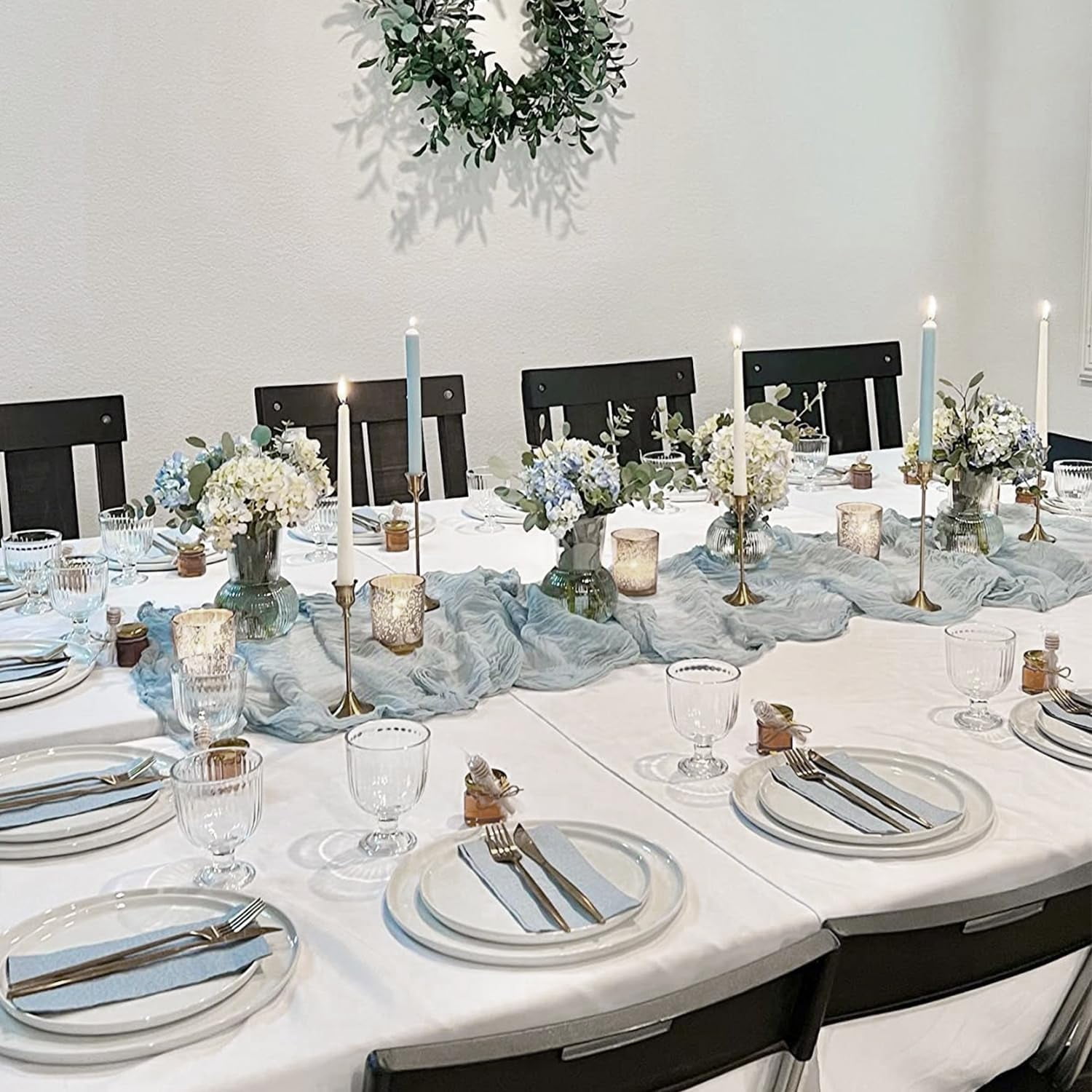 HBlife 10 Pack Dusty Blue Cheesecloth Table Runner, 35 x 120 Inch Boho Gauze Table Runner Rustic Romantic Long Table Runner for Wedding Party Bridal Birthday Baby Shower Table Decorations
