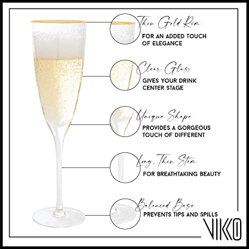 Vikko Champagne Flutes, 8 Ounce Decorative Toasting Champagne Flute, Hammered Glass with Gold Rim Champagne Glasses, Set of 6 Elegant Sparkling Wine Glasses
