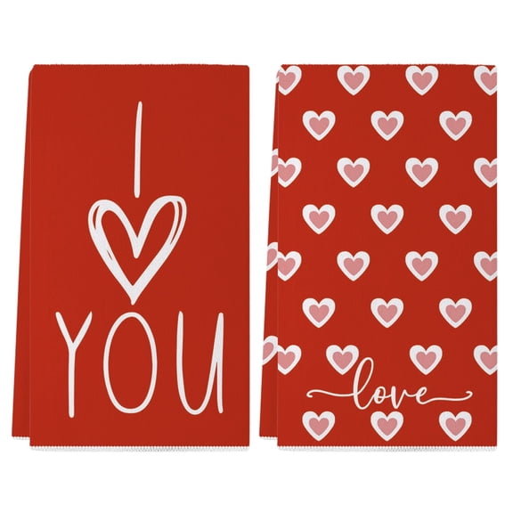 YIBAGA Valentines Day Kitchen Towels Set of 2, I Love You Red Dish Towels, Dishcloth Decorations, 18x26 inch, Polyester