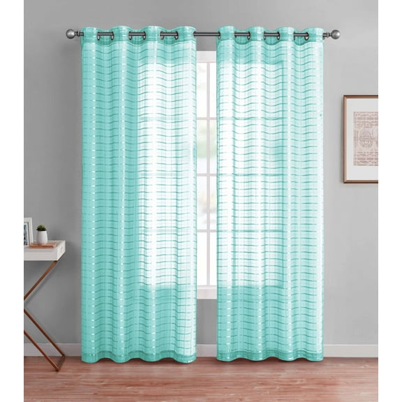 Single (1) Sheer Window Curtain Panel: 55" W X 90" L, Plaid/Check Design, Metal Grommet (Torquoise)