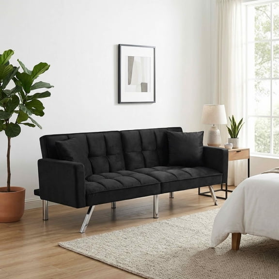 MAYEERTY 74" Convertible Futon Sofa Bed, Twin Size 2-Seater Sleeper Couch with 5-Position Adjustable Backrest, Velvet Sofa for Home Office Guest Room, Black