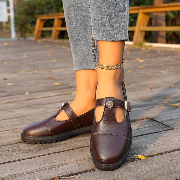Cxenplz Women's Mary Jane Shoes with Thick Sole Comfort Round Toe Strap Ballet Flats for Women Thick Heel Dress Flats