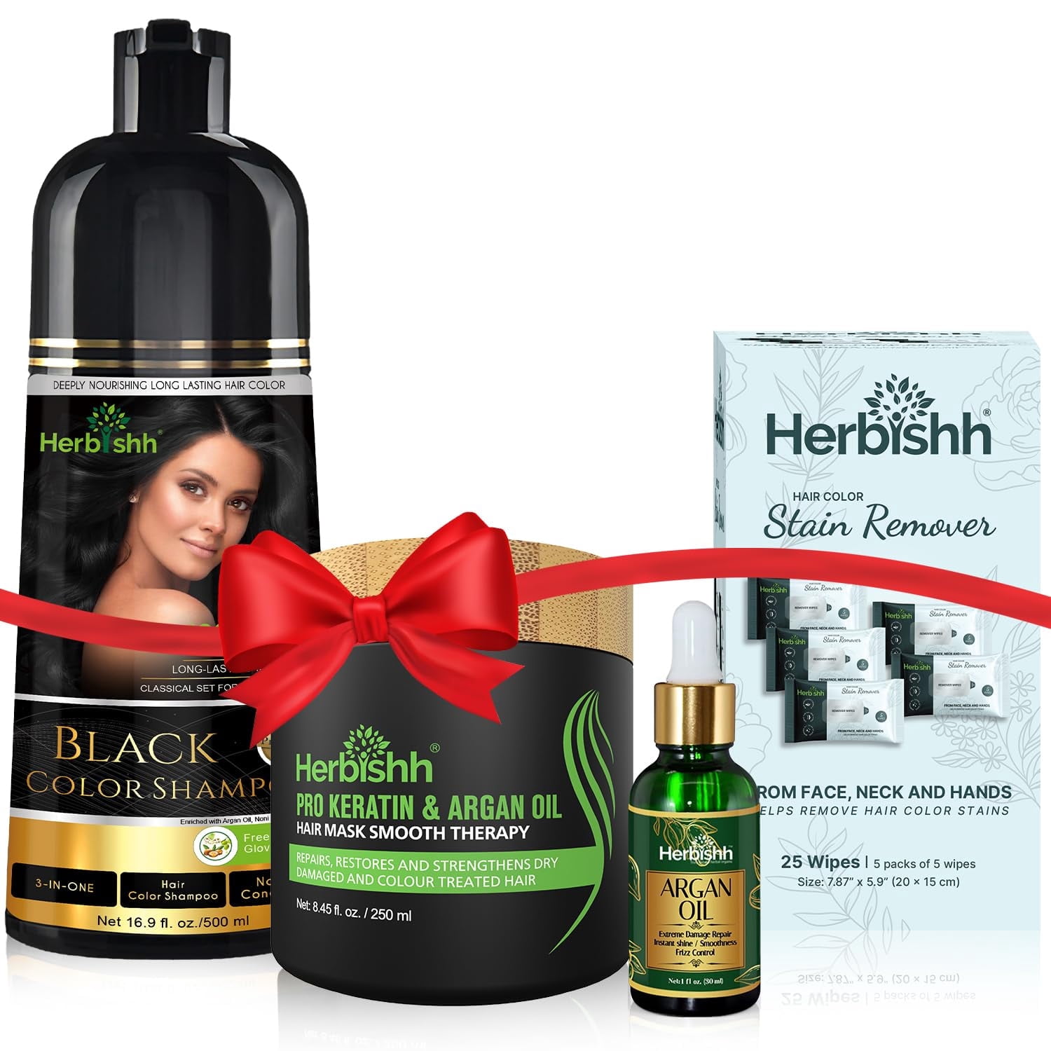 (2 pack) Herbishh 4-in-1 Hair Care Gift Set – Black Hair Dye Shampoo, Argan Oil Hair Mask, Hair Oil & Stain Remover Wipes – For Men & Women – Ideal Gift for Parents, Birthdays & Holidays
