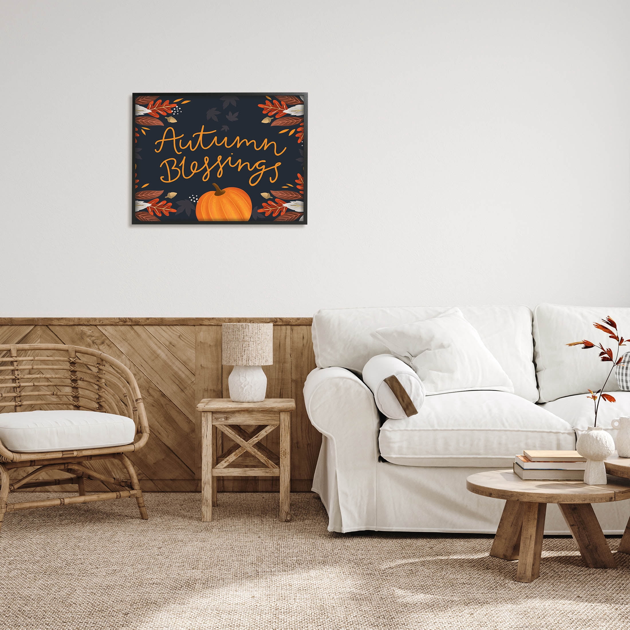 Autumn Blessings Fall Leaves Pumpkin Holiday Graphic Art Black Framed Art Print Wall Art