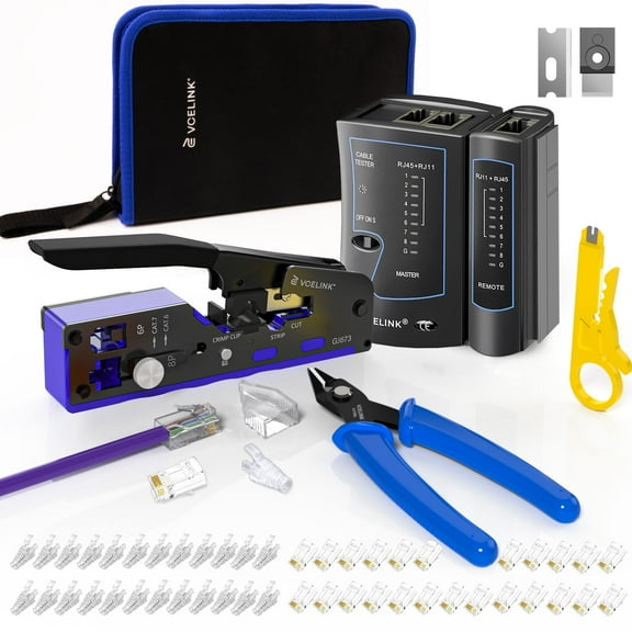 VCELINK Ethernet Crimping Tool Kit for CAT7/CAT6A/CAT6/CAT5E/CAT5, RJ45 Crimp Tool Set with an Ethernet Crimper, Cable Tester, Wire Stripper and Cutter in a Cloth Bag