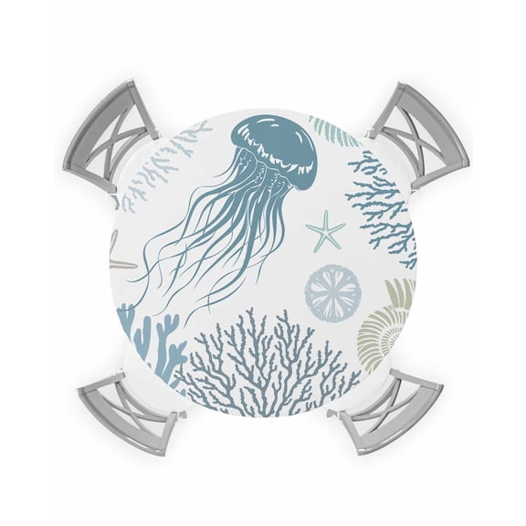 nqOlkjepod Turquoise Coastal Round Tablecloth, Fitted Table Cover with Elastic for 45"-54" Round Tables, Blue Coral Jellyfish Nautical Table Cloth Outdoor Indoor Dinning Party Waterproof Tablecloths