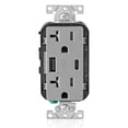 thumbnail image 1 of Leviton T5833-GY Cargador de pared USB tipo A y tipo C con cargador USB de salida a prueba de manipulaciones de 20 A para teléfonos inteligentes y tabletas. No apto para portátiles Gris, 1 of 1