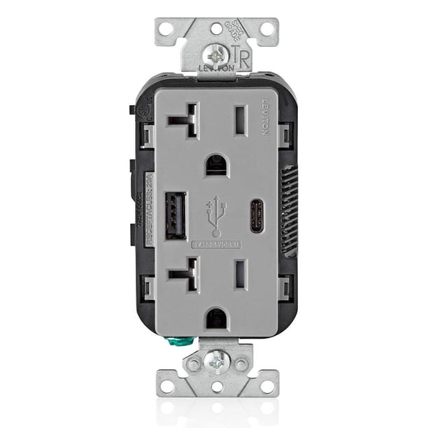 Leviton T5833-GY Cargador de pared USB tipo A y tipo C con cargador USB de salida a prueba de manipulaciones de 20 A para teléfonos inteligentes y tabletas. No apto para portátiles Gris