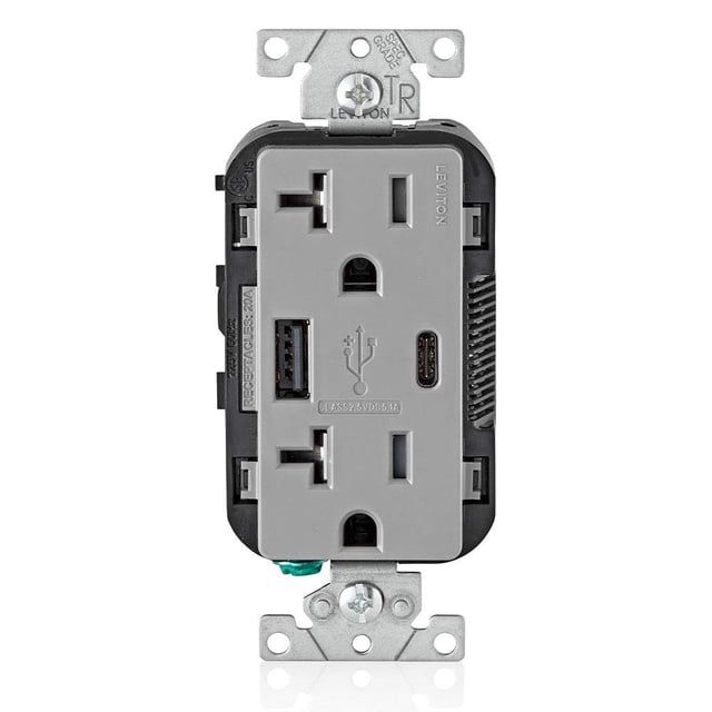 Leviton T5833-GY Cargador de pared USB tipo A y tipo C con cargador USB de salida a prueba de manipulaciones de 20 A para teléfonos inteligentes y tabletas. No apto para portátiles Gris