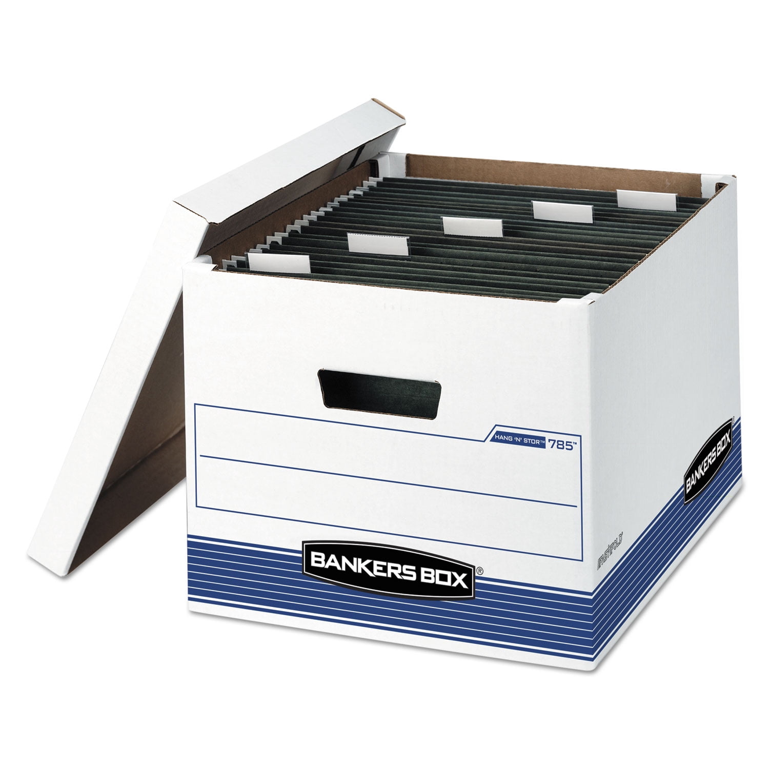 BANKERS BOX HANG'N'STOR STORAGE BOX LETTER/LEGAL LIFT-OFF LID WHITE/BLUE 4PK