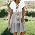 thumbnail image 2 of CHOK Robe Mini Décontractée pour Femme Grande Taille Été Ample Mode Patchwork Col en V à Rayures à Pois Manches Courtes Volant Ourlet à Étages en Lin Robe de Plage Soleil en Liquidation, 2 of 5