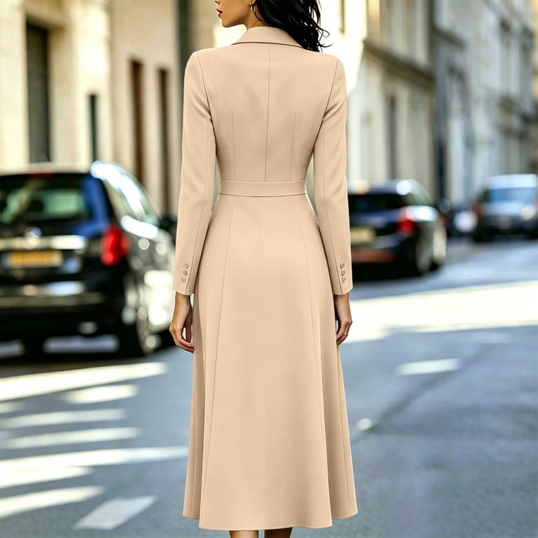 Karymi Blazer Midi Dress, Notched Lapel Double Breasted Long Sleeve Waistband A Line Flowy Formal Office Dress Wedding Guest Dresses for Women