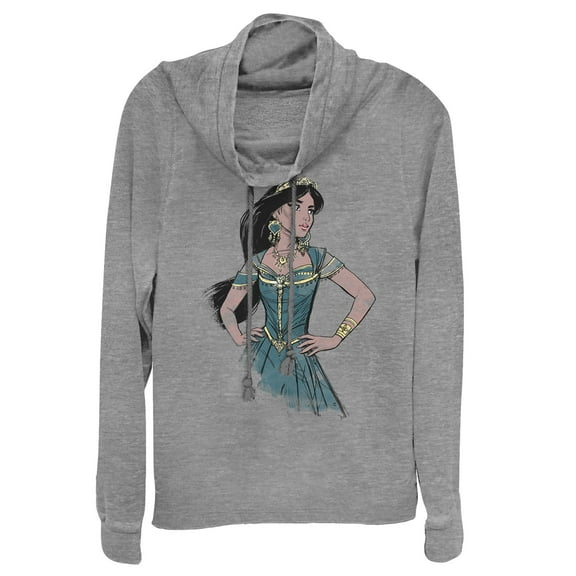 Junior's Aladdin Jasmine Sketch Profile  Cowl Neck Sweatshirt Gray Heather 4X Large